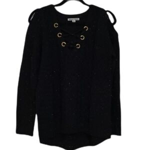 Moral Fiber Black Rainbow Confetti Cold Shoulder Lace Up Acrylic Sweater